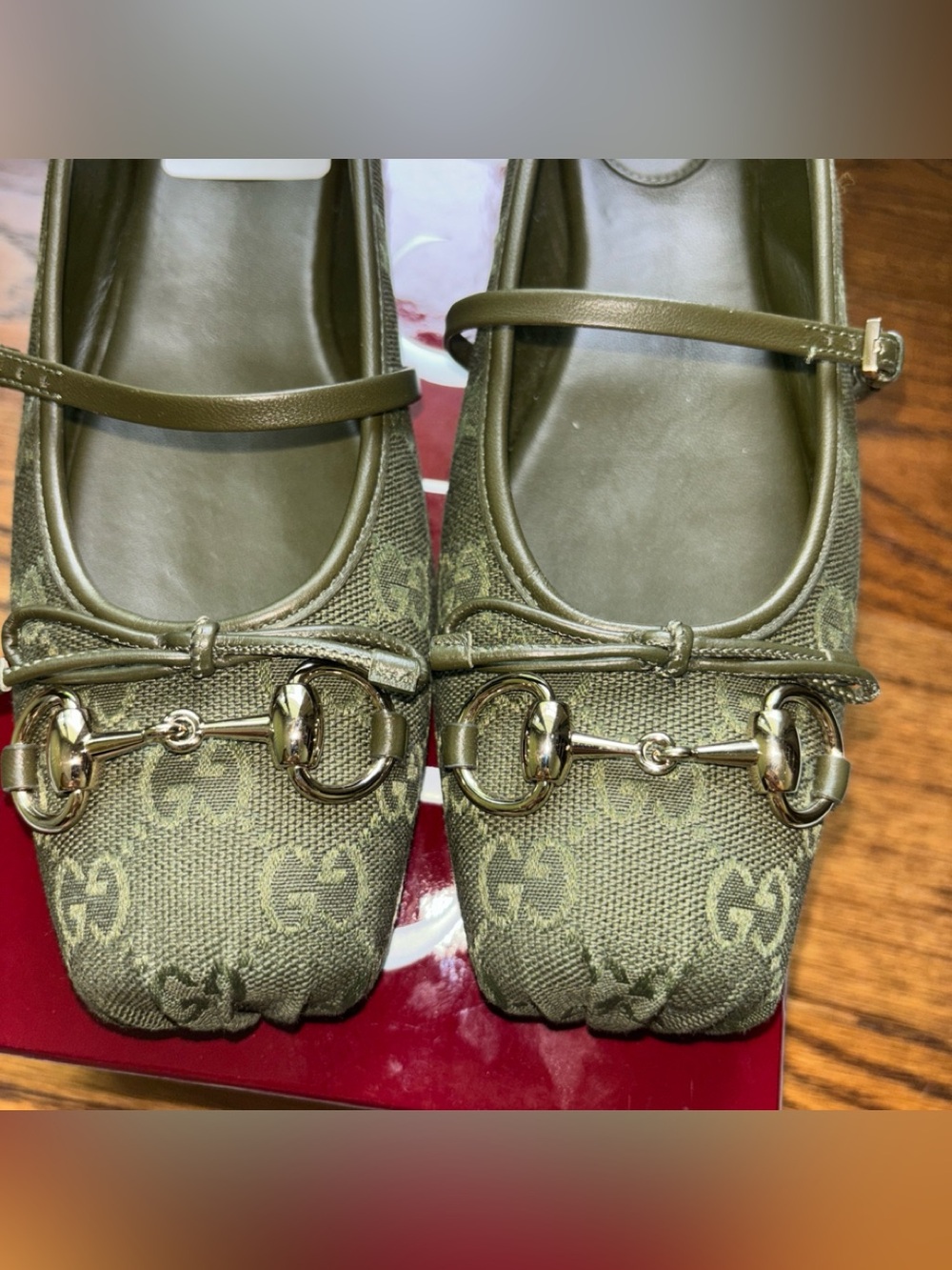 Authentic Gucci Horsebit Mary Jane Ballet Flat GG Logo Print Dark Green 8US 38EU - Picture 10 of 12